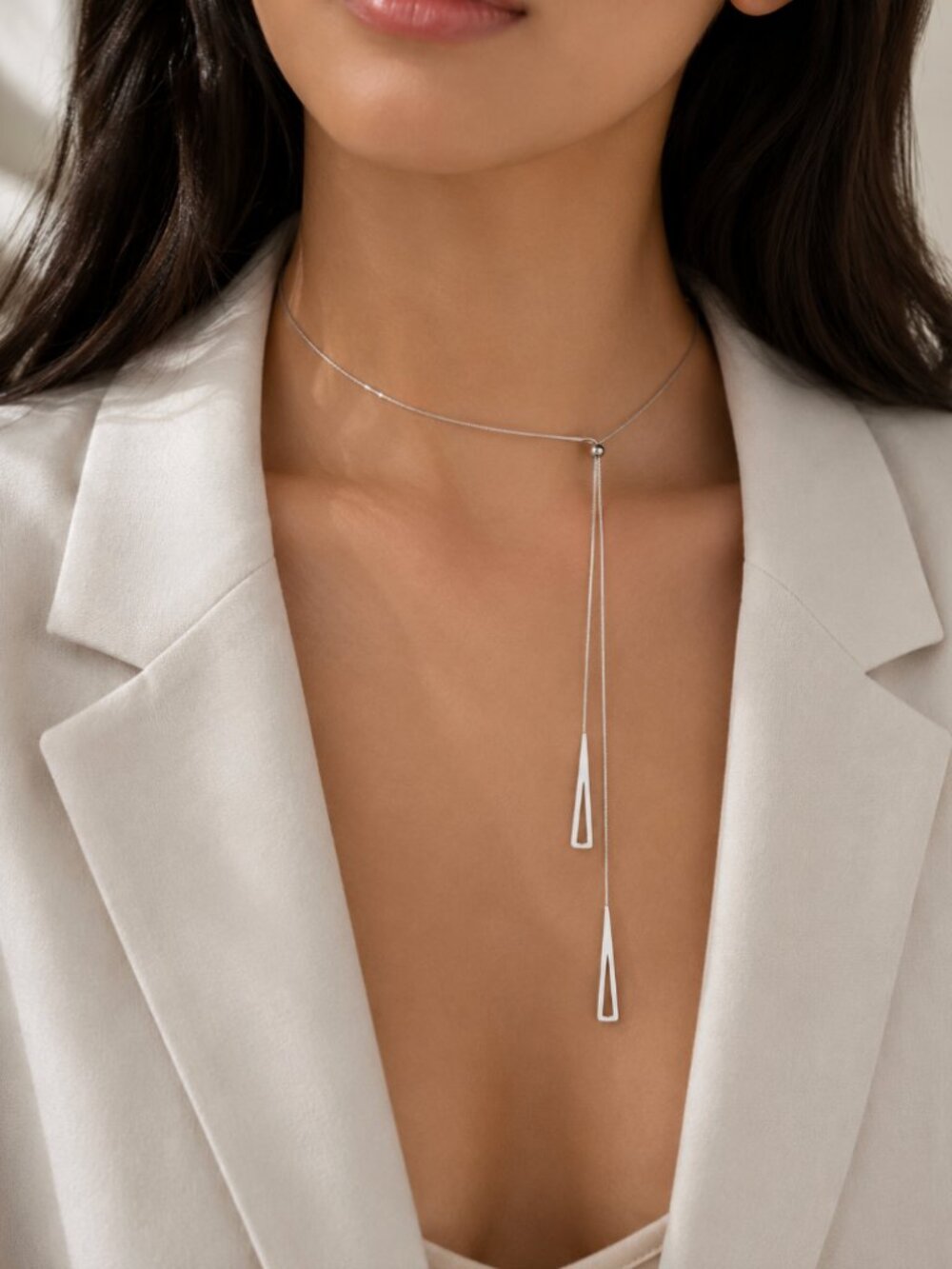 925 Sterling Silver Lariat Necklace Triangle Drop Necklace Box Chain Necklace
